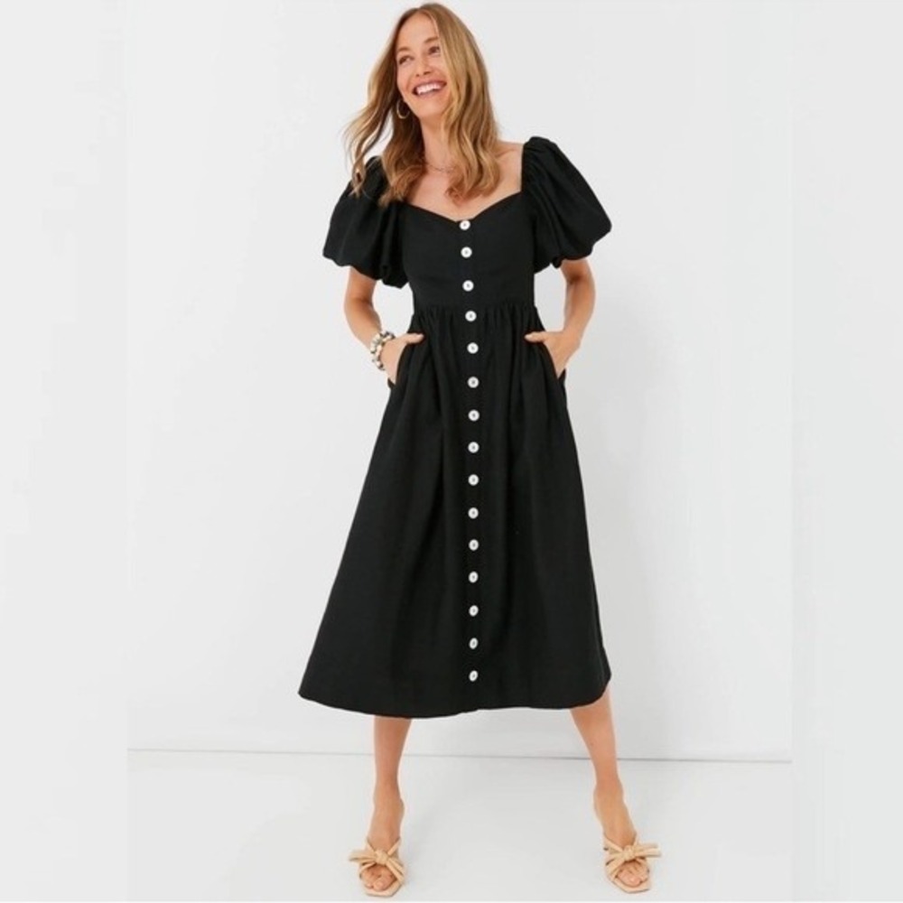 Pomander Place Tuckernuck Alexis Black Linen Puff Sleeve Midi Dress Size Large